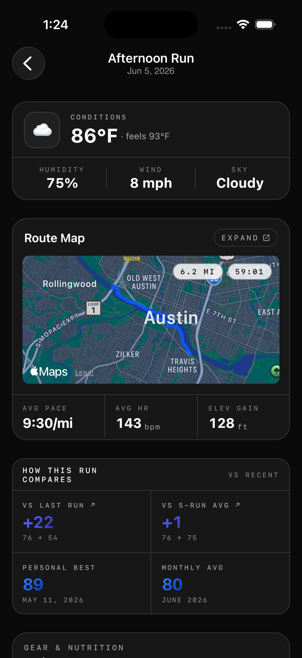 Activity detail — conditions, route map, and recent-run comparison