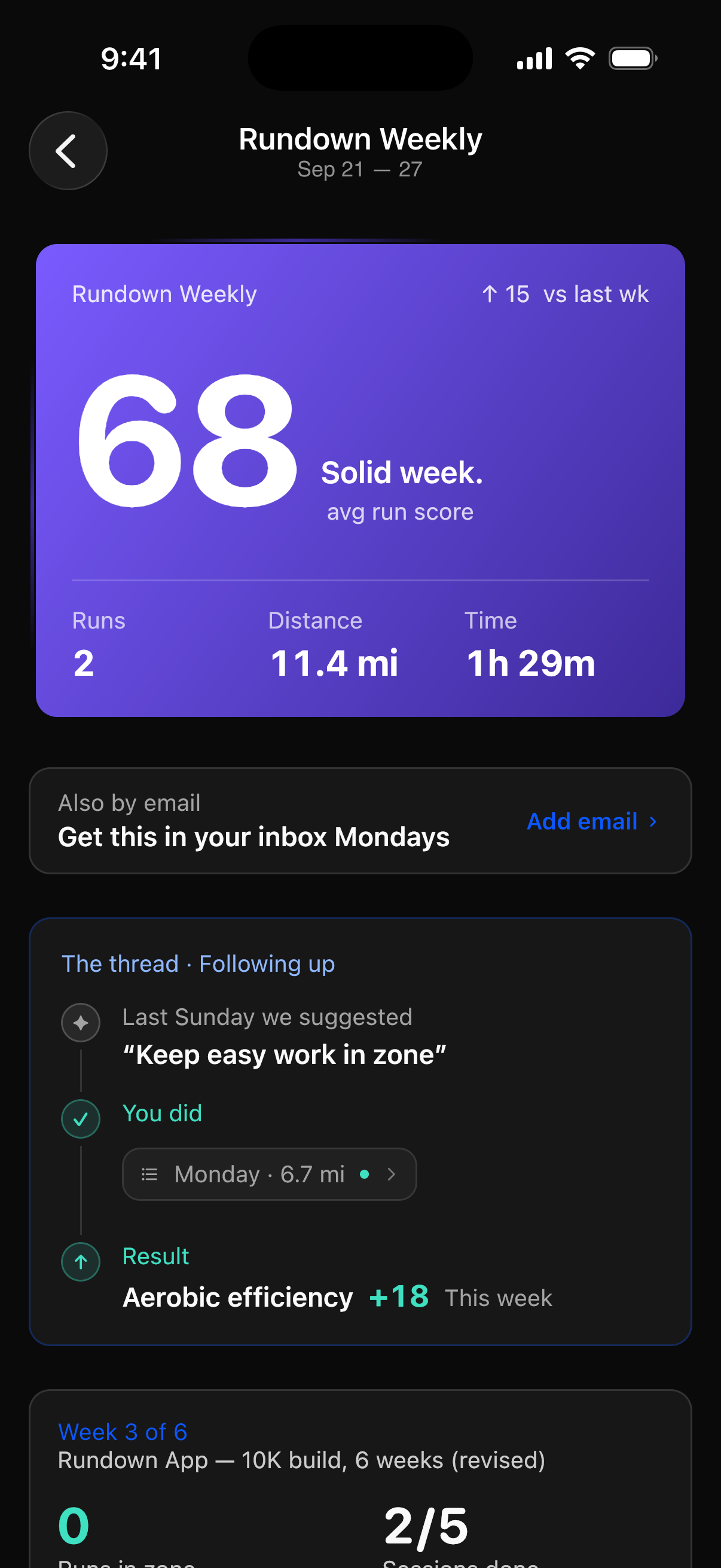 Rundown Weekly — a solid week averaging 68 across 2 runs and 11.4 miles